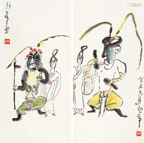 丁衍庸 癸丑（1973）年作 霸王与虞姬 （两帧） 立轴 设色纸本