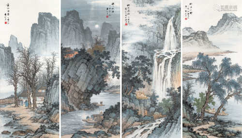 袁松年 丁亥（1947）年作 四季山水屏 镜片 设色纸本