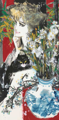 林墉 戊寅（1998）年作 抱猫少女 镜片 设色纸本
