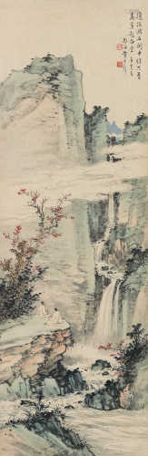 黄君璧 庚寅（1950）年作 白云飞瀑图 立轴 设色纸本