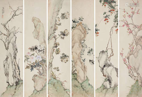 居廉 壬辰（1892年）作 花卉灵石 六屏立轴 设色纸本