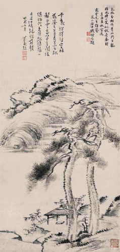 钱楷溥儒 辛酉（1801）年作 双松茅舍图 立轴 设色纸本