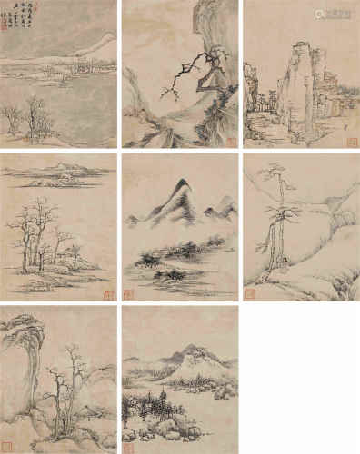 高简 丙戌（1706）年作 拟古山水 （八帧） 镜片 水墨纸本