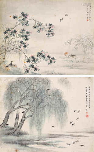 何丹山 丙辰（1856年）作 春水来禽 （两帧） 立轴 设色纸本