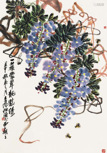 诸涵 壬申（1992）年作 紫藤蜜蜂 立轴 设色纸本