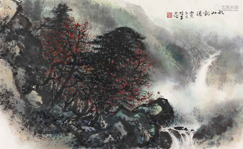 黎雄才 丙寅（1986）年作 秋山观瀑 镜片 设色纸本