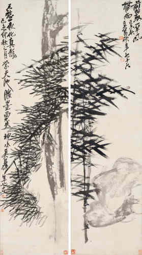 吴昌硕 已未（1919）年作 松竹 对屏立轴 水墨绢本