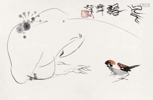 林墉 庚午（1990）年作 鸟语 镜片 设色纸本
