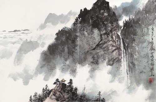 李国华 甲戌（1994）年作 观瀑亭 镜片 设色纸本