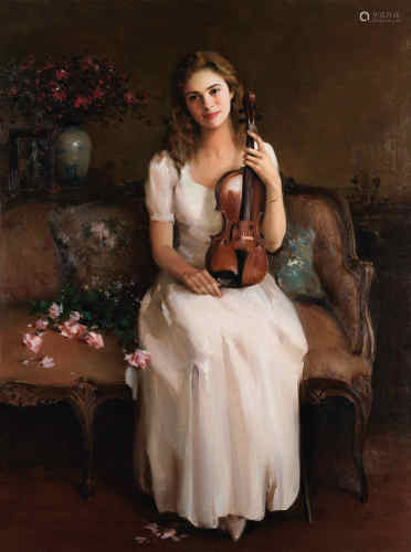 何岸 拿小提琴的少女 布面 油画