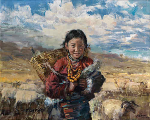 李金明 2010年作 藏族女孩 布面 油画