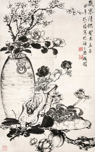 孔小瑜 博古 花卉 镜框 纸本