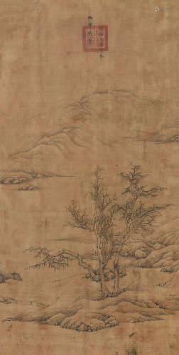 顺治帝 1655年作 拟宋人山水 镜片 水墨绫本