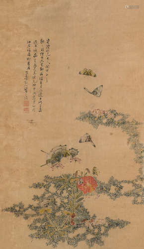 侯振东 1894年作 蝶趣图 立轴 设色绫本