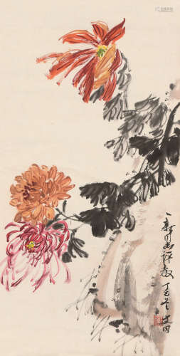 柳文田 1977年作 秋菊图 屏轴 设色纸本