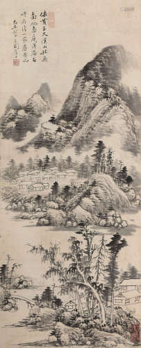 张石园 1949年作 拟黄子久山水 立轴 水墨纸本