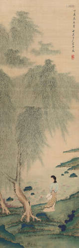 管平湖 1937年作 踏青图 立轴 设色绢本