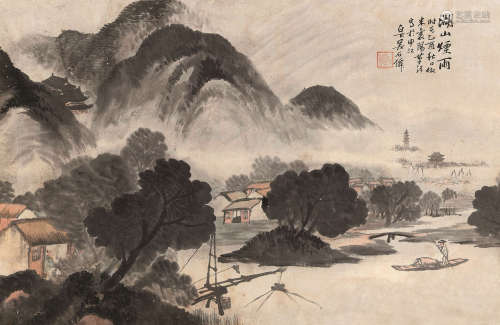 吴石僊 1885年作 湖山烟雨 立轴 设色纸本