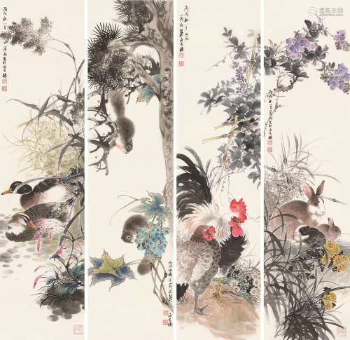 王茂飞 2006年作 花卉 四屏 托片 设色纸本