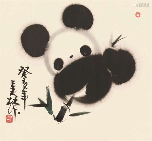 韩美林 1983年作 熊猫 镜框 设色纸本