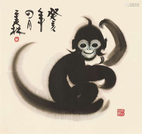 韩美林 1983年作 猴年大吉 镜框 设色纸本