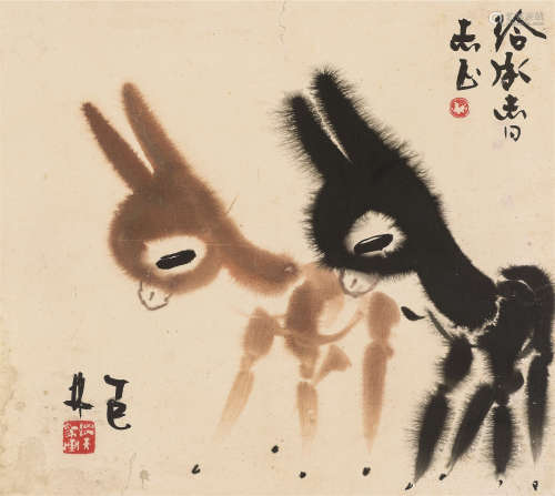 韩美林 1977年作 双驴 镜框 设色纸本