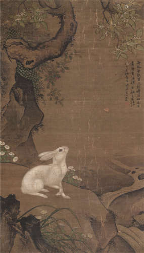 陶成 1496年作 玉兔图 镜片 设色绢本