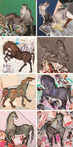 曹力 2010-2011年作 马系列 （共八幅） 纸本 综合材料