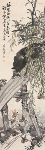 板桥猫柳图  王梦白 1888-1934 设色纸本 立轴