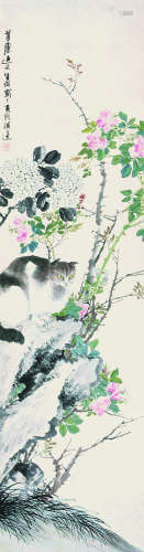 猫花图  朱梦庐 1826-1900 设色纸本 立轴