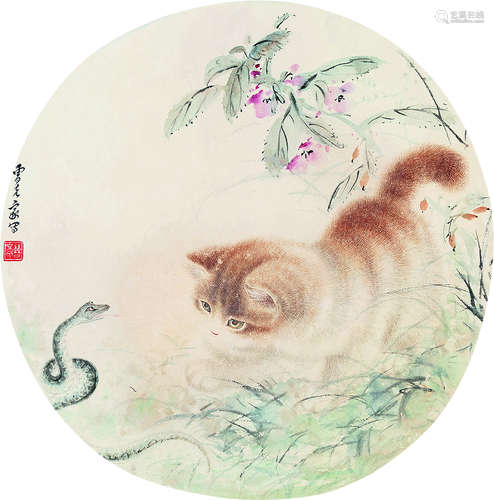 猫趣  曹克家 1906-1979 设色纸本 纨扇片