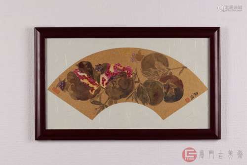 著名工艺美术师中国画坛百杰贾广健老师作石榴裱框扇面画一幅