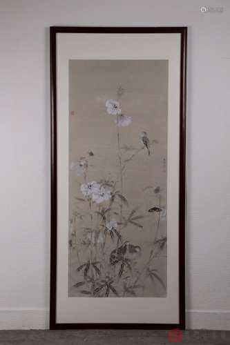 知名画家李君琳作精工作花鸟镜心精美裱框画一幅