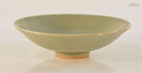 Chinese Ming Celadon Porcelain Bowl with Lotus Scene