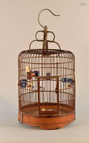 Chinese Bamboo Bird Cage with Porcelain Bird Feeders