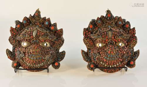 Pair of Nepalese Brass Guardian Mask with Jewels