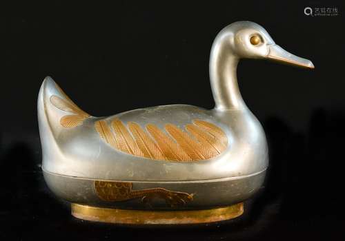 Large Chinese Pewter Duck Covered Box