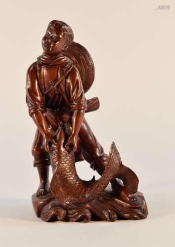 Chinese Carved Wood Culture Revolution Boy with Carp