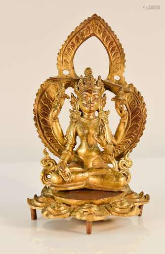 Tibet Bronze Seated Buddha with Mandola and Lotus Base