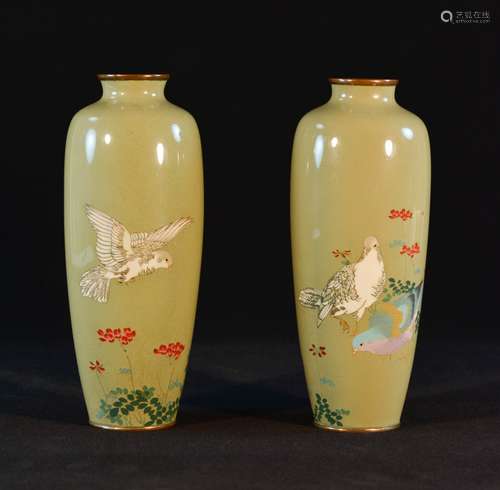 Pair Unusual Japanese CloisonnÃ© Vases with Pigeon