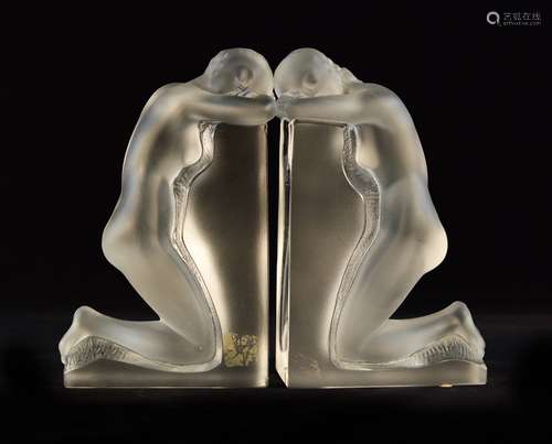 Pair of French Lalique Bookend with Nude Scene