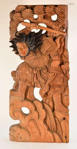 Large Japanese Carved Wood Panel with Samurai