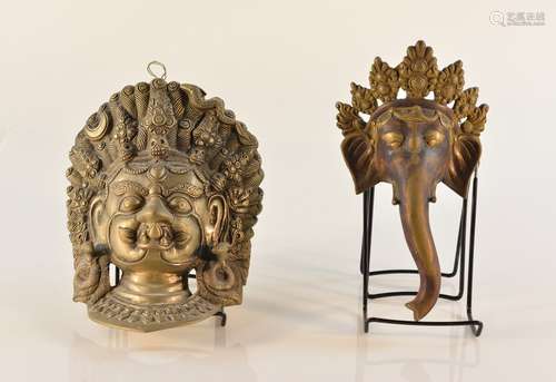 Two Nepal Bronze Mask - Ganesh and Guardian