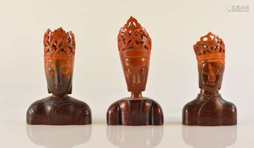 Group of Three Chinese Horn and Wood Buddha Head