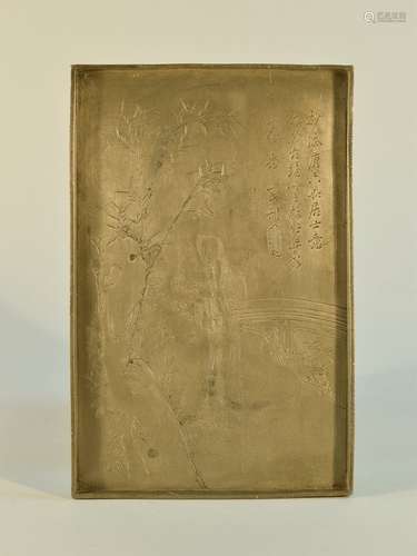 Chinese Pewter Tray with Incised Scene of Lady