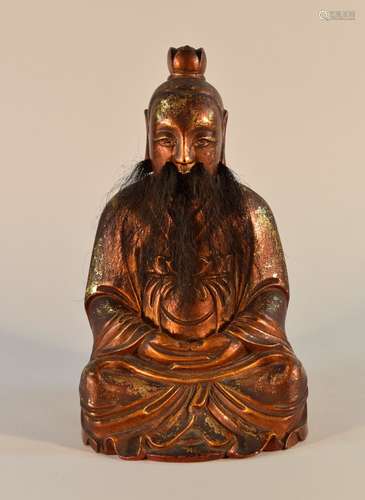 Chinese Wood Seated Priest with Gold Lacquer