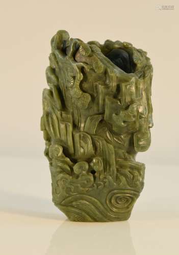 Chinese Spinach Green Jade Brush Pot with Bats Scene