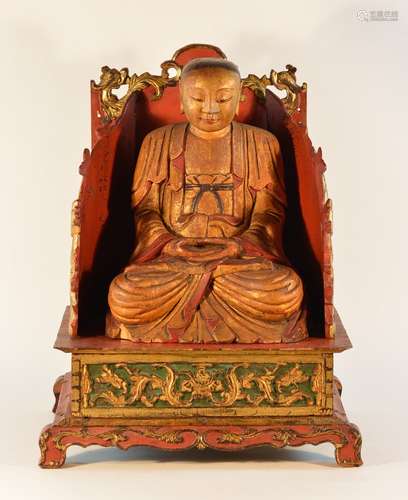 Chinese Lacquer Wood Seated Lohan with Shrine