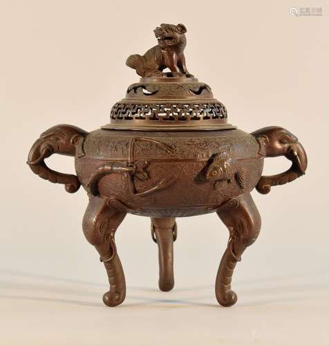 Chinese Bronze Censer with Shrimp