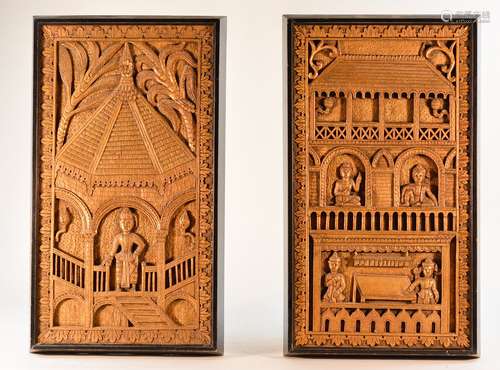 Pair of Burmese Carved Wood Panel with High Relief